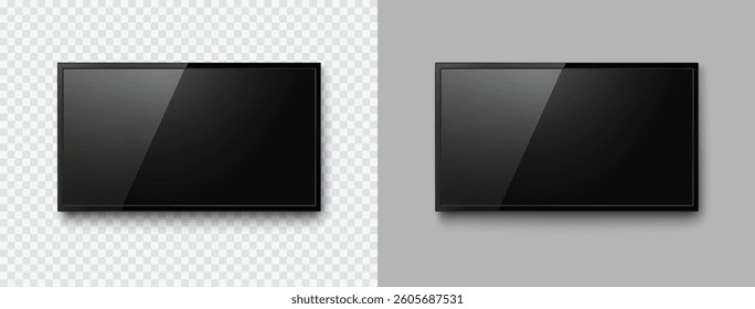 Screen or photo frame isolated on transparent background. Black flat led computer monitor, tablet display. Vector blank lcd, plasma TV mockup