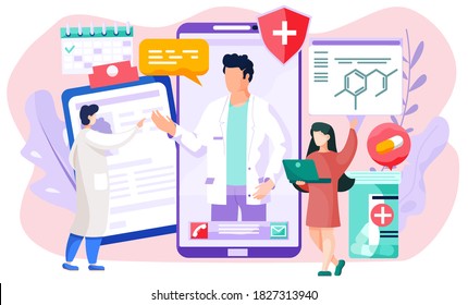 A screen with photo of the talking doctor and proposal to call or write sms. The therapist stands next to a mobile phone and points to a person on the screen. Online consultation with medic