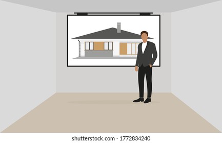 Screen with a picture of a house on the wall and a man in a business suit in front of the screen