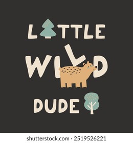 screen print design for kids fashion with cute bear and tree drawing as vector