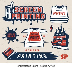 Screen printing colorful concept with inscriptions shirts paint blot squeegees brush in bucket can in vintage style isolated vector illustration