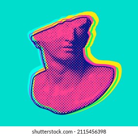 Screen printing dot halftone graphics in pink and blue of broken classical head sculpture from 3d rendering isolated on green background. Vector illustration in pop art style.