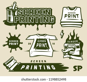 Screen printing elements collection with industrial squeegee shirts silkscreen blots inscriptions in vintage style isolated vector illustration