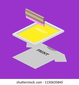 Screen printing isometric vector elements illustration. Printing on a T-shirt using a squeegee and a stencil form.