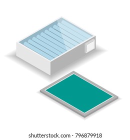 Screen printing light box and stencil. Isometric flat design. Vector illustration.