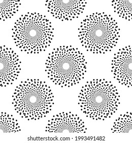 Screen printing seamless pattern. Radiant abstract vortex. Circular pattern. Pop art round halftone. Whirligig, eyeball. Dotted print.