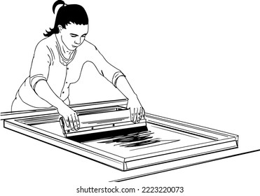 screen printing service vector and illustration, woman doing screen printing silk with hand holding squeegee, Ink printing clip art and symbol