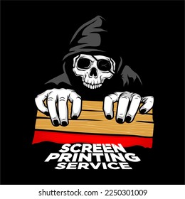 screen printing silk with skull and hand holding squeegee logo design inspiration, Design element for logo, poster, card, banner, emblem, t shirt. Vector illustration