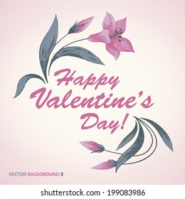Screen printing style pink tulips emblem for Valentine's Day with caption on light pink background