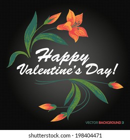 Screen printing style red tulips emblem for Valentine's Day with caption on black background