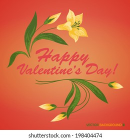 Screen printing style yellow tulips emblem for Valentine's Day with caption on red background