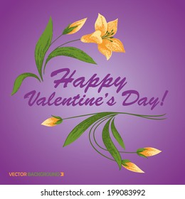 Screen printing style yellow tulips emblem for Valentine's Day with caption on purple background