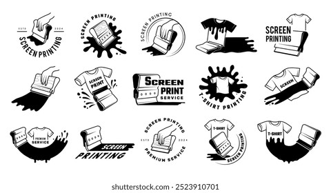 Serigrafia. Elementos estilizados para a casa de impressão serigráfica apertos pintar conjunto recente coleção de emblemas vetoriais