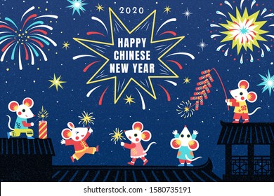 Screen printing white mice enjoy fireworks and firecrackers at night