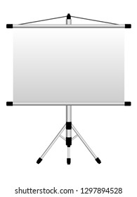 The screen for the projector on a tripod. Screen for presentations and training. Office screen for the projector.