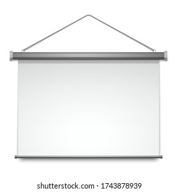 Screen projector, presentation slide board or whiteboard display vector realistic isolated mockup. Portable foldable white blank screen for projector, office presentation projection wall background