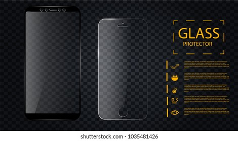 Screen protect Glass. Vector screen protector film or glass cover isolated on grey background. Mobile accessory. Vector illustration