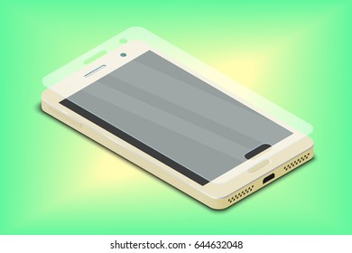 Screen protective glass over smartphone on green and yellow background. Isometric vector illustration