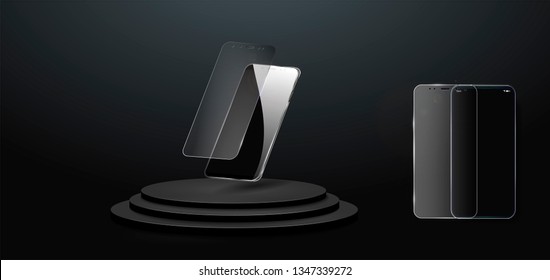  Screen protector Glass. Vector illustration of transparent tempered glass shield for mobile phone. The mobile phone is floating in the air. The phone on the podium.