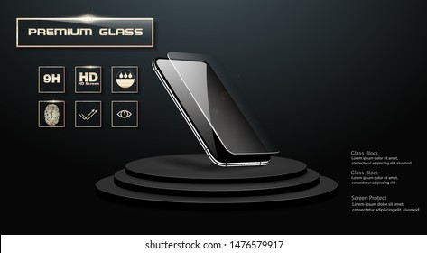 	
Screen protector Glass. Vector illustration of transparent tempered glass shield for mobile phone. The mobile phone is floating in the air. The phone on the podium