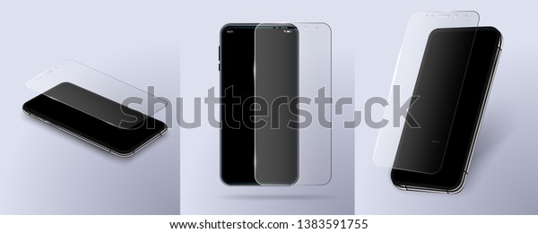 Screen Protector Glass.Vector illustration of\
transparent tempered glass shield for mobile phone.Isolated vector\
modern frameless smartphones.Digital design concept. Mockup generic\
device.3D isometric