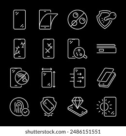 Screen protectors, white line icons. Protection for smartphone screens, installation and properties. Ideal for tech and gadget themes. Symbols on black background. Editable stroke.