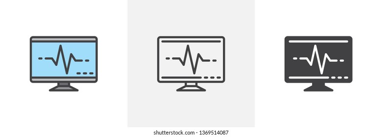 Screen with pulse icon. Line, glyph and filled outline colorful version, Cardiogram monitor outline and filled vector sign. Symbol, logo illustration. Different style icons set. Vector graphics