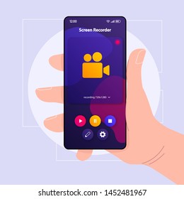 Screen recorder smartphone interface vector template. Mobile app page color design layout. Video recording tool screen. Flat UI for application. Hand holding phone with screen capturing on display