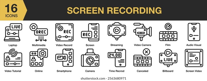 Screen Recording icon set. Includes laptop, multimedia, film, smartphone, audio visual, and More. Outline icons vector collection.