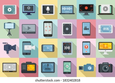 Screen recording icons set. Flat set of screen recording vector icons for web design