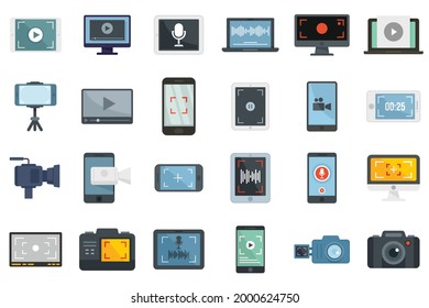 Screen recording icons set. Flat set of screen recording vector icons isolated on white background