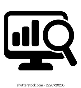 Screen with report icon, online monitoring concept, statistics icon. Online search icon.