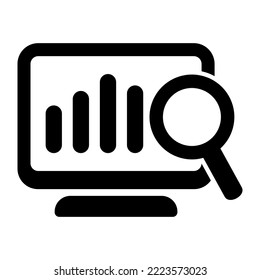 Screen with report icon, online monitoring concept, statistics icon. Online search icon.