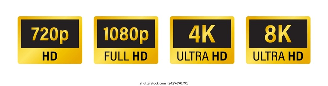 Screen resolution badges. Screen resolution icons. Video dimensions HD, FHD, 4K, 1080p. 