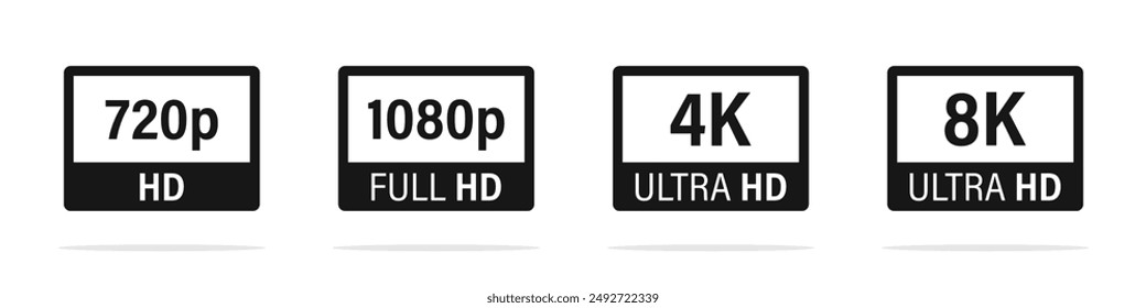 Screen resolution badges. Screen resolution icons. Video dimensions HD, FHD, 4K, 1080p. 