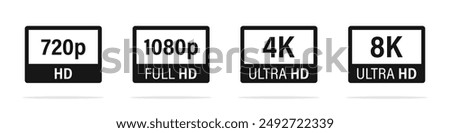 Screen resolution badges. Screen resolution icons. Video dimensions HD, FHD, 4K, 1080p. 