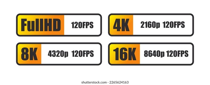 Screen resolution badges set. Full HD, 4k ultra HD, 8k 16k screen resolution icons. Vector icons