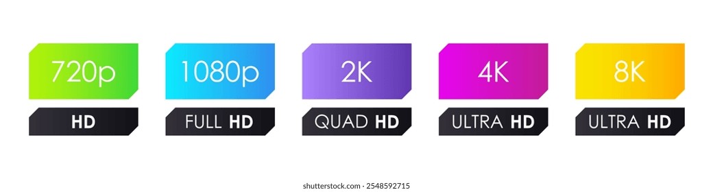 Ícone de resolução de tela definido. HD, alta definição total, alta definição quádrupla, qualidade de alta definição total. Sinal de vídeo da dimensão. Etiqueta de monitor de alta definição. Símbolo de logotipo de 720p, 1080p, 2k, 4k, 8k. Ilustração vetorial