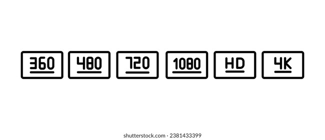 
Screen resolution icon set. Monitor size symbols.360,480,720,1080, Hd, 4K, screen and TV quality. Vector illustration.. isolated on white background.
