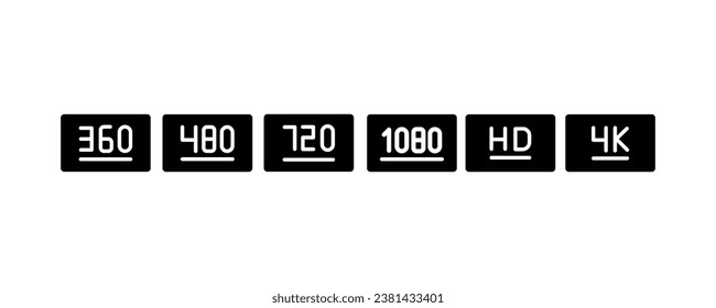 
Screen resolution icon set. Monitor size symbols.360,480,720,1080, Hd, 4K, screen and TV quality. Vector illustration.. isolated on white background.
