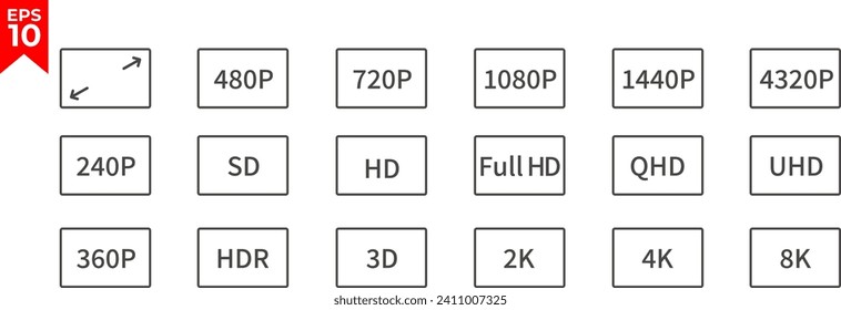 Symbol für Bildschirmauflösung eingestellt. Symbol der Größe des Monitors. Hd, FHD, UHD, 4K, 8K-Bildschirm. Vektorgrafik.