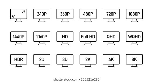 Screen resolution icon set. Screen size symbol collection. Display resolution vector illustration. Video quality sign. Full HD monitor pictogram. 240, 360, 480, 720, 1080 and 2160 p digital display.