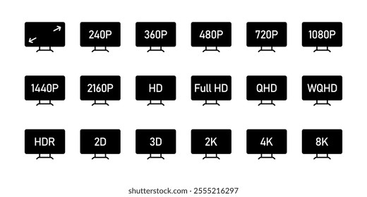 Screen resolution icon set. Screen size symbol collection. Display resolution vector illustration. Video quality sign. Full HD monitor pictogram. 2k, 4k, 2d, 3d lcd digital display definition icon set