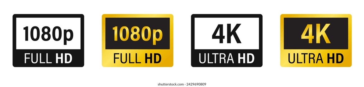 Iconos de resolución de pantalla. Dimensiones de vídeo HD, FHD, 4K .