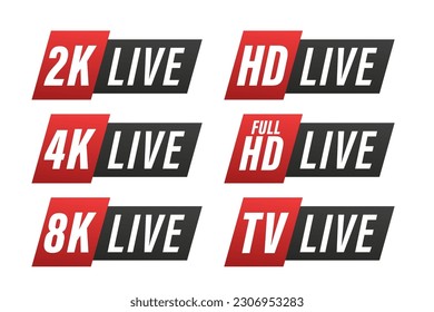 Screen resolution icons. Video quality symbol. HD, Full HD, 2K, 4K, 8K resolution icons. High definition display resolution icon standard. Video dimension labels. Vector illustration