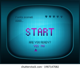 Screen with running retro game clipart. Old console arcade launch bootable blue vintage display with vector action selection