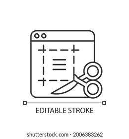 Screen sampling linear icon. Display with web page and cut text. Work monitoring tools. Thin line customizable illustration. Contour symbol. Vector isolated outline drawing. Editable stroke
