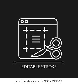 Screen sampling white linear icon for dark theme. Display with web page and cut text. Thin line customizable illustration. Isolated vector contour symbol for night mode. Editable stroke