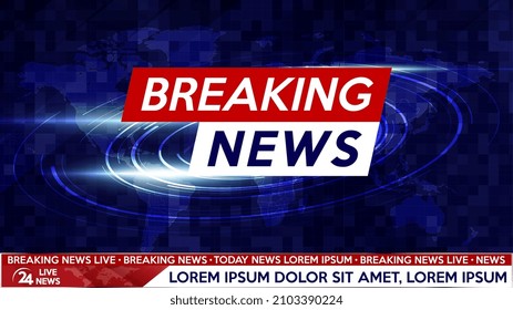 Screen saver on breaking news background. Urgent news release on television. Breaking news live on world map background. Vector illustration.	