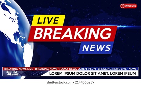 Screen saver on breaking news background. Urgent news release on television. Breaking news live on earth planet and world map background. Vector illustration.